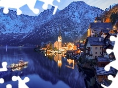 Jezioro, Hallstatt, Domy, Góry, Austria, Hallstattersee, Ko