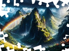 Przebijające światło, Tęcza, Deszcz Fantasy, Skały, Chmury, Góry, Grafika, Paprocie