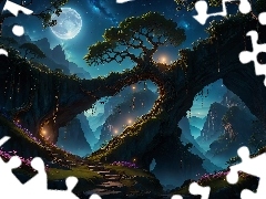 Drzewa, Noc, Kwiaty, Księżyc, Skały, Droga, Fantasy
