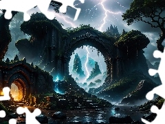 Jaskinia, Drzewa, Pioruny, Noc, Światło, Skały, Grafika, Błyskawice