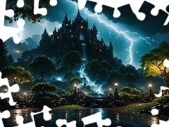 Wzgórze, Noc, Pioruny, Błyskawice, Fantasy, Zamek, Grafika