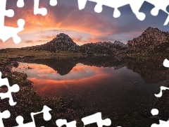 Góry, Hiszpania, Lake Covadonga, Zachód słońca, Jezioro, Asturia