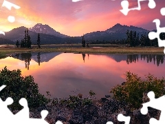 Odbicie, Las, Wschód słońca, Oregon, Jezioro, Góry Kaskadowe, Drzewa, Stany Zjednoczone, Hrabstwo Deschutes, Sparks Lake