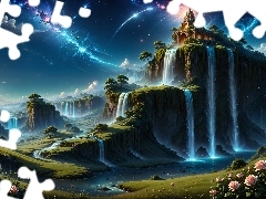 Zamek, Rzeka, Fantasy, Drzewa, Róże, Góry, Wodospady, Kwiaty