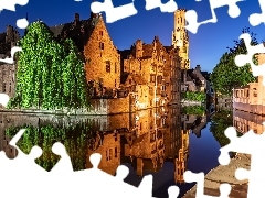 Drzewa, Kanał wodny, Brugia, Łodzie, Domy, Odbicie, Belgia