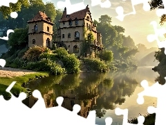 Dom, Grafika, Drzewa, Odbicie, Słoneczne światło, Rzeka