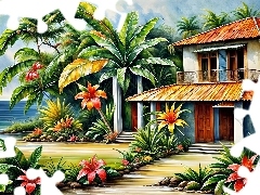 Palmy, Kwiaty, Tropiki, Grafika, Morze, Dom