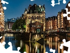 Speicherstadt, Niemcy, Miasto, Hamburg, Noc, Światła, Most
