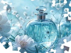 Kwiaty, Perfumy, Kompozycja, Grafika, Niebieskie, Flakon