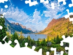Saint Mary Lake, Góry, Stany Zjednoczone, Drzewa, Montana, Jezioro, Park Narodowy Glacier, Obłoki