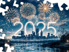 Wieżowce, Fajerwerki, Nowy Rok, Miasto, Sylwester, Grafika, 2025