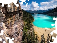 Alberta, Kanada, Góry Skaliste, Jezioro, Człowiek, Park Narodowy Banff, Drzewa, Skały, Louise Lake