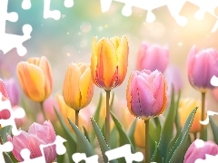 Kwiaty, Grafika, Żółte, Tulipany, Różowe
