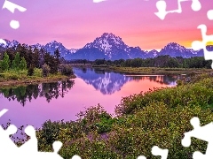 Wyoming, Stany Zjednoczone, Góra, Mount Sneffels, Drzewa, Zachód słońca, Snake River, Park Narodowy Grand Teton, Rzeka