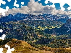 Południowy Tyrol, Włochy, Dolomity, Góry, Białe, Chmury, Val Badia, Lasy, Dolina
