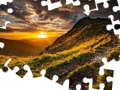 Wzgórza, Ben Vorlich, Chmury, Góry, Szkocja, Trawa, Zachód słońca