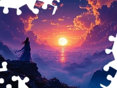 Mgła, Morze, Grafika, Skały, Zachód słońca, Kobieta, Ch