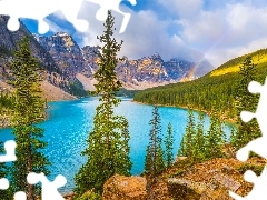 Tęcza, Jezioro, Góry, Alberta, Drzewa, Park Narodowy Banff