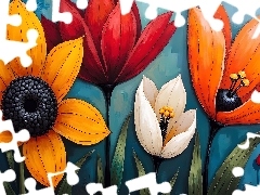 Kolorowe, Kwiaty, Grafika, Cztery