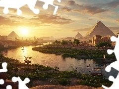 Egipt, Nil, Słońce, Piramidy, Łodzie, Assassins Creed Origins, Gra, Palmy