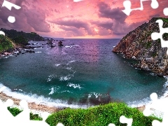 Asturia, Hiszpania, Morze, Zachód słońca, Plaża, Playa del Silencio, Skały, Zatoka, Góry