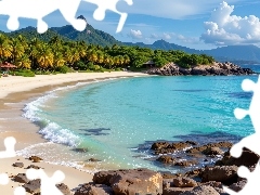 Góry, Plaża, Tropiki, Palmy, Kamienie, Morze, Grafika AI