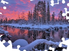 Zima, Rosja, Drzewa, Zachód słońca, Rzeka, Półwysep Kolski