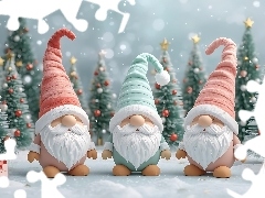 Prezenty, Trzy, Grafika, Skrzaty, Zima, Choinki, Boże Narod