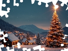 Ośnieżone, Noc, Choinki, Las, Gwiazda, Zima, Boże Narodze