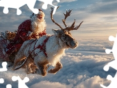 Mikołaj, Renifer, Chmury, Grafika AI, Sanie, Święty