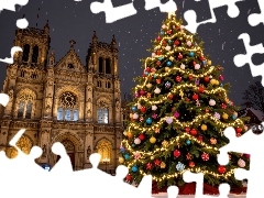 Kościół, Udekorowana, Latarnie, Choinka, Boże Narodzenie