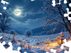 Księżyc, Zima, Śnieg, Ośnieżone, Zapalona, Laterenka, P