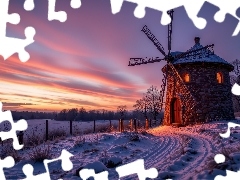 Niebo, Droga, Drut, Oświetlony, Drzewa, Ogrodzenie, Śnieg,