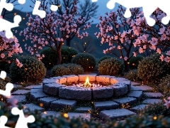 Drzewa, Park, Różowe, Kwiaty, Grafika, AI, Krąg, Ogień, 