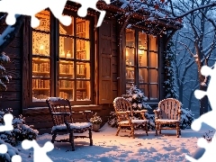 Światło, Biblioteka, Zima, Grafika AI, Krzesła, Dom