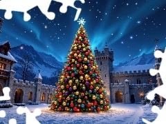 Bombki, Zima, Zorza polarna, Dziedziniec, Domy, Choinka, BoÅ