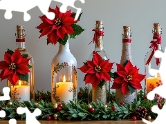 Świece, Świąteczne, Kwiaty, Gwiazda betlejemska, Butelki