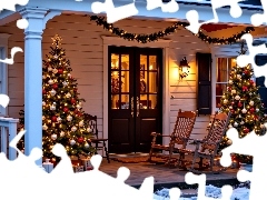 Fotele, Choinki, Boże Narodzenie, Girlanda, Dom, Światło,