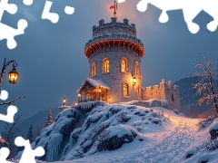 Zima, Wieża, Skała, Oświetlona