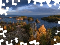 Karelia, Rosja, Jezioro, Ładoga, Chmury, Jesień, Skały, Drzewa, Wysepki