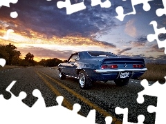 Zachód, Droga, Chmury, Chevrolet, Słońca, Camaro SS