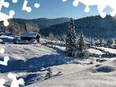 Promienie, Domek, Śnieg, Góry, Słońca, Lasy