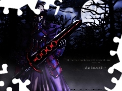 noc, miecz, Fate Stay Night, księżyc, kobieta