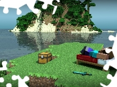 Skrzynia, Wyspa, Minecraft, Drzewa, Człowiek