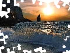 Klify, Fale, Morze, Zachód Słońca, Plaża