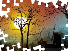 Drzewa, Młyn, Zachód, Słońca