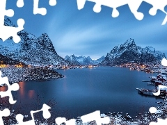Norwegia, Domy, Osada, Jezioro, Zima, Góry