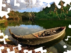 Drzewa, Łódka, Jezioro, Brzeg