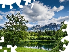 Łąka, Jezioro, Obłoki, Góry, Drzewa, Las