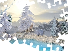 Las, Rzeka, Zima, 3D, Wilki